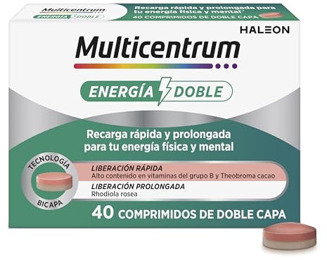 Multicentrum Energía Doble, Complemento Alimenticio con Biotina, Vitamina B, Rhodiola Rosea y Theobroma Cacao Para una Recarga Rápida y Prolongada de tu Energía, 40 Comprimidos de Doble Capa