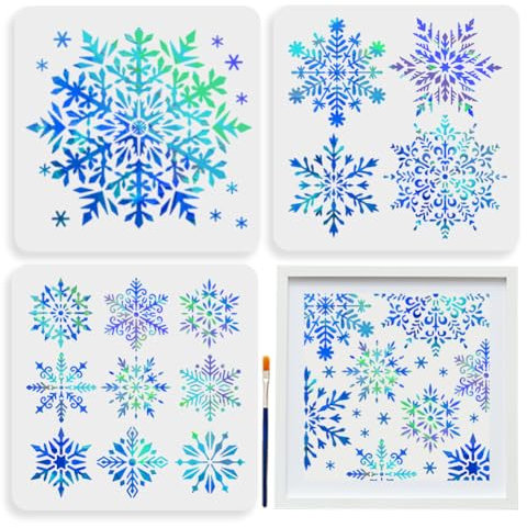 MAYJOYDIY 3 Schneeflocken Schablone 30×30cm Weihnachts Schneeflocke Malschablonen Mit Pinsel Wiederverwendbare Winter Vorlage Zum Malen Für Handwerkskunst Auf Fenster Wand aus Holz Stoff Dekoration
