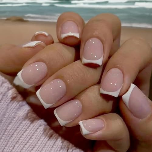 24 Pcs French False Nails - Full Cover, Nude & White Square Press-on Nails for Women & Girls Nail Art - French Fake Nails Stick On