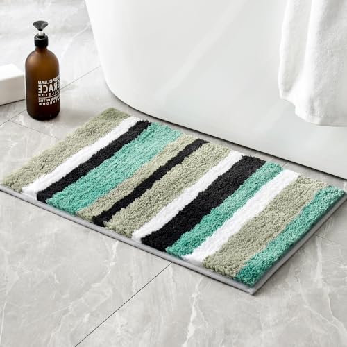 MIULEE Bath Mats Extra Soft Non Slip Absorbent Shower Mat Bathroom Rug Door Mat Inside Kitchen Rugs Carpet Washable for Bedroom Kitchen Entrance 20x32 Inch 50x80cm Blue-Green and Grey