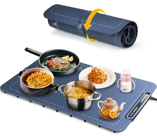 Vinato Bandeja Calentadora Eléctrica, Calentador de Comida Portátil Plegable con Material de Nano Silicona, Estera Calentadora Ajustable para Fiestas, Eventos y Cenas en Casa