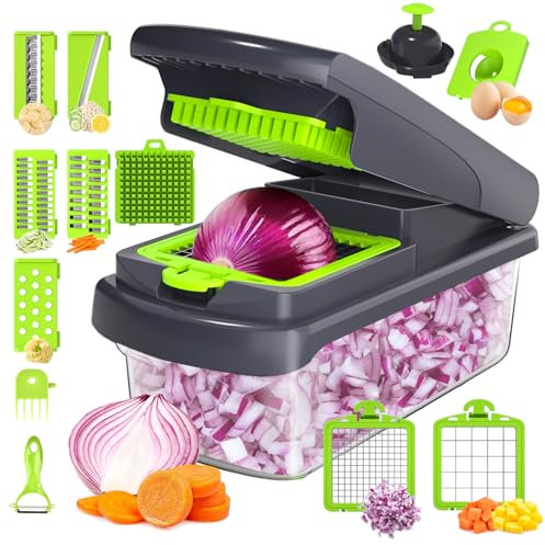 14 in 1 Vegetable Chopper, Multifunctional Slicer Dicer Kitchen Manual Julienne Grater Cutter for Onion, Garlic, Carrot, Potato, Tomato, Fruit, Salad (Green)