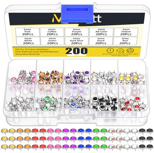 Mardatt 200 Stück 10 Farben 6mm Strass Stud Refills, Bedazzler Refills Strass Blindende 4-Klaue Perlen Nagelkopf Studs Verzierungen Dekorative Niete für DIY Handwerk