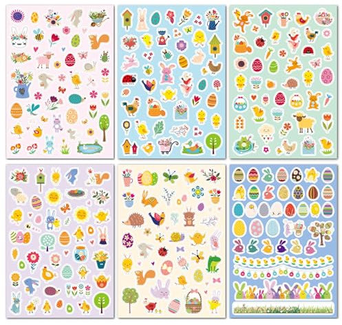 6 Stück Ostern Aufkleber, Ostereier Hasen Küken Blumen Deko Sticker, Kinder Selbstklebend Osteraufkleber, DIY Basteln Deko Ostereier Aufkleber Set, für Ostern Deko Basteln Karten Geschenk