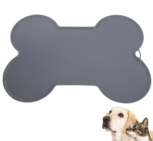 Silicone Mat Bowl Mat Dog 52 x 37 cm, Cats Dogs Non-Slip Feeding Mat for Bowl Mat Cats Dog Bowl Mat Food and Water Bowls Bone-Shaped Leak-proof Edge (Grey)