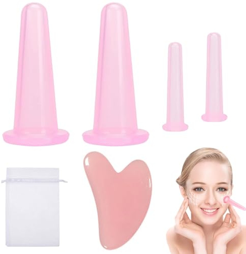 Facial Cupping Set for Face, Cupping Therapy Set, 4 Pcs Silicone Face Cupping Set with 1 Face Massage Tool and 1 Storage Bag, Vacuum Facial Suction Cups for Face Neck Back Eyes Care