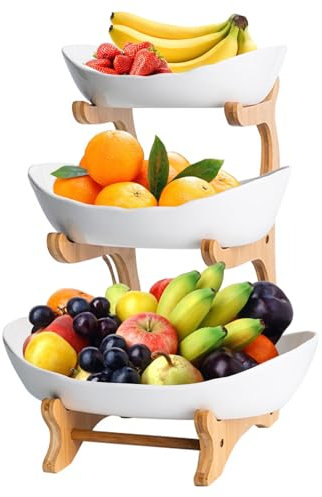 3 Tier Ceramic Fruit Bowl Set with Bamboo Wood Stand, Large Capacity Storage Basket, Kitchen Counter Snack Holder, Tiered Dessert Serving Plate, Tray Rack for Vegetable,Bread,Candy,Cake,Party (White)