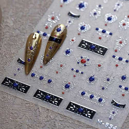 JMEOWIO 3D Embossed Red Blue Nail Art Stickers Decals Self-Adhesive 5D Nail Supplies Nail Art Design Decoration Accessories 1 Sheets