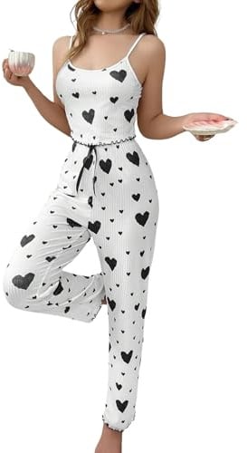 Gatamiau Women’s 2 Pieces Heart Print Pajama Set Sleeveless Cami Top + High Waist Pants, Comfortable Trousers Pjs Set Soft Loungewear Cute Sleepwear Set (UK, Alpha, L, Regular, Regular, White+Black)