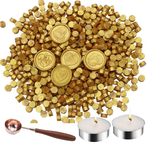 150 Pcs Octagon Sealing Wachs Perlen Schwarz Wachs Seal Perlen mit 2Pcs Tee Kerzen und 1 Pcs Wachs Schmelzlöffel für Handwerk Brief Wein Grußkarten Versiegelung (150, Gold)