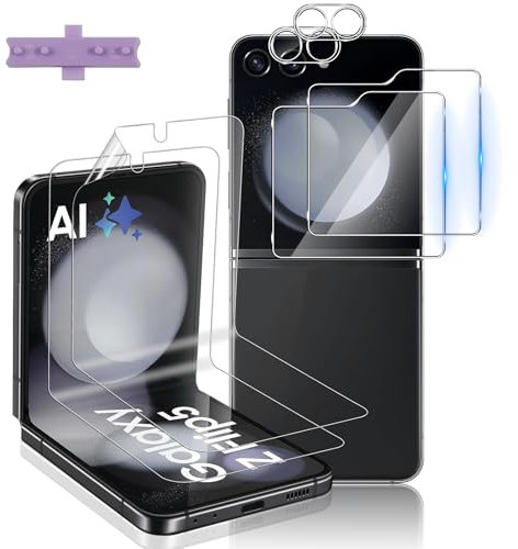 Funrae Verre Trempé pour Samsung Galaxy Z Flip 5, 2 Pièces 9H Dureté Avant protection Écran + 2 Pcs Flexible À l'intérieur Protection Ecran + 2 Pcs Caméra Arrière Protecteur, HD Verre Film Écran