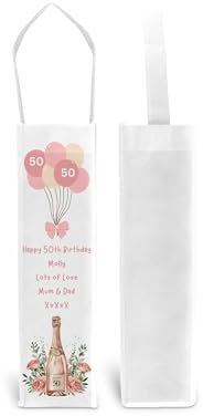 Personalised 50th Birthday Gift Bag For Bottle of Champagne Wine Spirits Pink Balloons Design