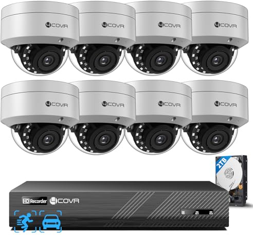 4COVR Überwachungskamera Aussen Set, 8X 5MP IK10 Vandalensichere PoE IP Kameras mit Audio, 8CH 4K NVR mit 2TB HDD, KI Personen-/Fahrzeugerkennung & 30M Nachtsicht, 24/7 Videoüberwachung, DLY54AX5M0808