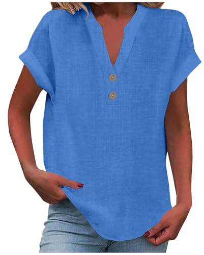Ladies Tops Summer Linen Shirt Cap Sleeve Button Up T Shirts Women Blouses V Neck Tunic Tops Baggy Solid Plain Casual Short Sleeved Shirts Trendy Going Out Blouse