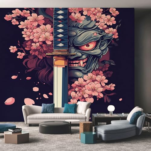 Japanese Cherry Blossom Mural Wallpaper, Japan Samurai Mask Wallpaper for Bedroom, Living Room, TV Backdrop, Office, 3D Large Wall Mural Non-Woven Wall Paper 350 x 256 cm (WxH) Qii70