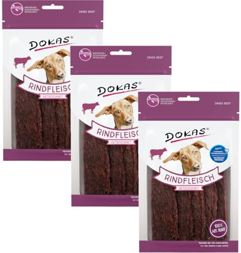 Dokas Hundesnack Rindfleisch getrocknet | 3 x 70g | 100% Rindfleisch in Scheiben | Ergänzungsfutter für Hunde | Schonend luftgetrocknet | Belohnungssnack