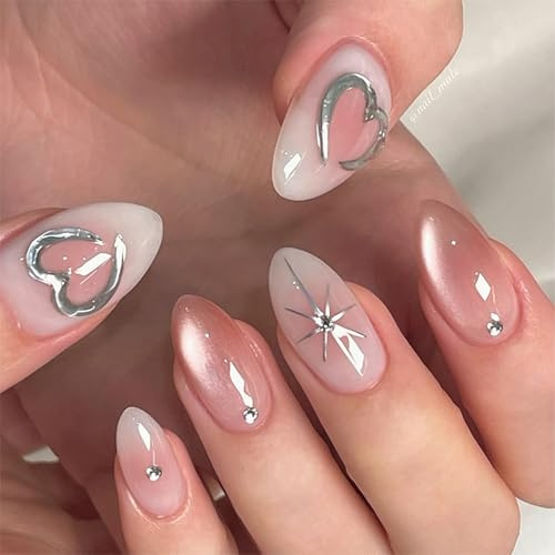 Nymora 24 Stück Press on Nails Kurz, Braune Mandelform Kunstnägel Zum Aufkleben mit Nagelkleber & Feile, Künstliche Nägel Glänzend für Frauen & Mädchen
