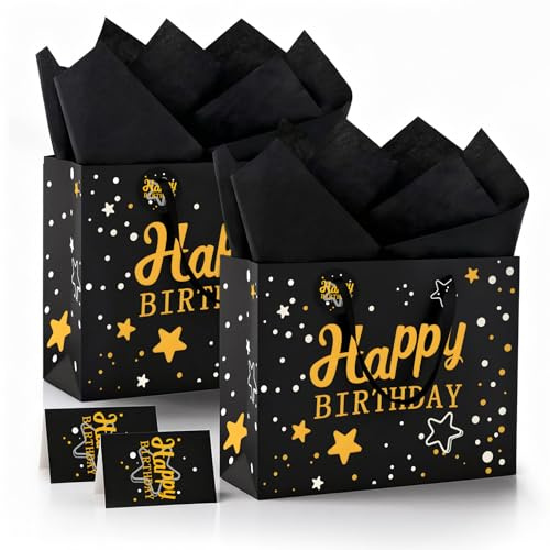 2 Stück Geschenktüte Geburtstag, 33x26x12cm Geschenktüte Groß, Schwarz-Goldene Metallische GroßeGeschenktüte, mit Seidenpapier Und Grußkarte, Geschenktüten Geburtstag mit Henkeln