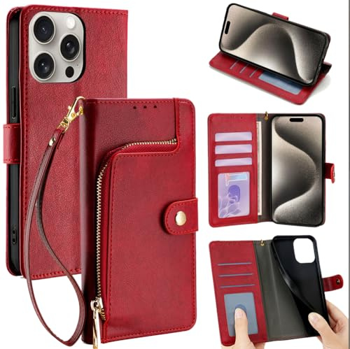 Jiajihua Hülle Kompatibel mit Huawei Y7 Prime 2018 / Y7 2018 Lanyard Magnetverschluss Klappständer Geldbörse Reißverschluss Kartenfach Handyhülle Red