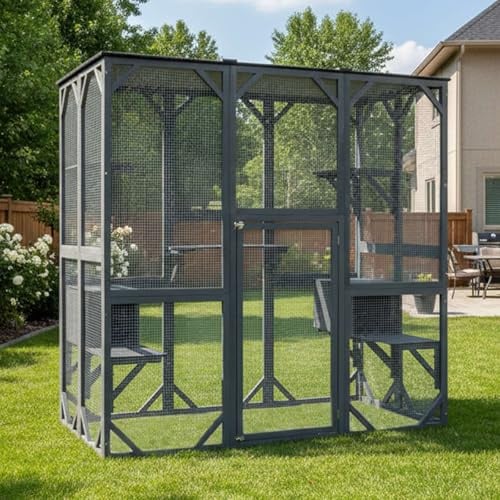 PawHaven Multi-Level Outdoor Catio Wooden Enclosure with Jumping Platforms, Large Cat House Outdoor, Window Playpen for Outside, UV Proof Asphalt Roof with Resting Room Condo
