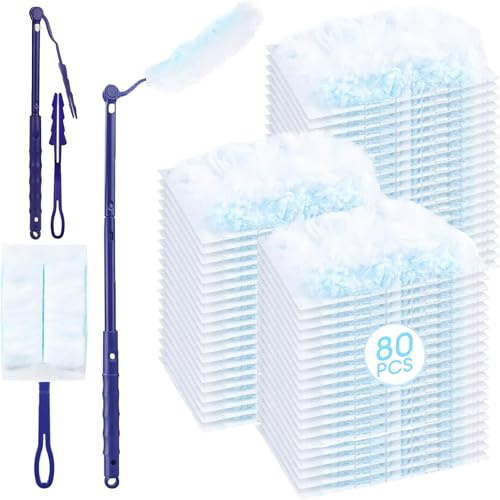 80 Pièces Recharges Plumeau Poussière Compatible avec Swiffer Duster, Plumeau Télescopique avec 1 Poignée, 1 Manche Télescopique, Anti Poils d’Animaux & Poussière Maison (Bleu)