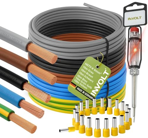 INVOLT H07V-K Verdrahtungsleitung 6mm² Set, 5x10m Kabel, 100 Aderendhülsen, Phasenprüfer