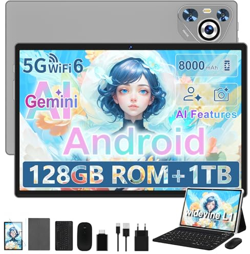 Tablette Android 10 Pouces 128 Go ROM + 1To TF, Gemini AI, Processeur Octa-Core, IPS HD, 8000 mAh, Wi-Fi 5G, BT 5.0, Widevine L1, 5MP + 8MP, Tablet avec Clavier, Souris et Étui de Protection, Gris