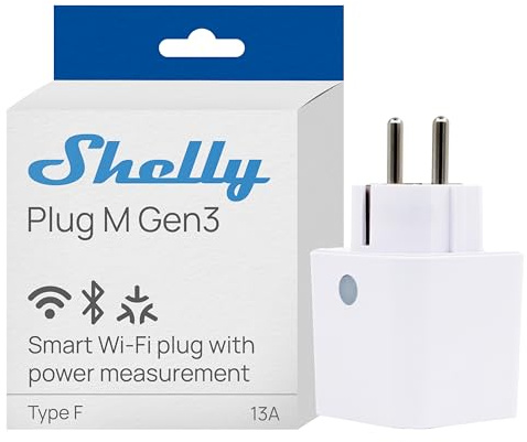 Shelly Plug M Gen3 Weiß - WLAN & Matter Smarte Steckdose, Leistungsmessung, 13A, 3000W, Zeitschaltuhr, Stecker, Smart Home Stecker, Alexa & Google, Apple HomeKit, Kein Hub Erforderlich
