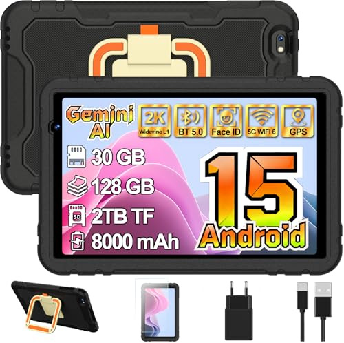 Tablet bambini 10 Pollici Android 15 con Gemini AI, 30 + 128GB, Octa-Core, WiFi 6, BT 5.0, Widevine L1, 8000mAh, Controllo Parentale, Custodia protettiva EVA antiurto + Staffa girevole a 360° - Nera