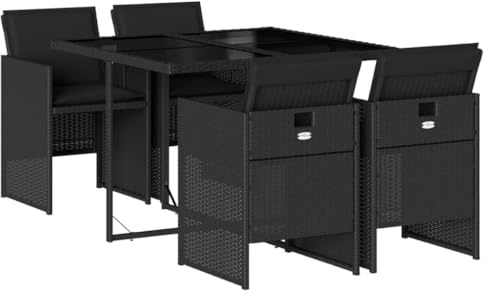 Foknhdi Schwarzes 5-TLG. Poly-Rattan-Gartenmöbel-Set mit klappbaren Stühlen, 110×106×73 cm Tisch, 4 Sitzplätze, inkl. Kissen