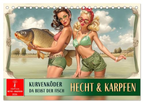 Hecht und Karpfen - Kurvenköder, da beißt der Fisch (Tischkalender 2026 DIN A5 quer), CALVENDO Monatskalender: Angelrute & Nostalgie - tolle Fische & reizende Frauen. (CALVENDO Sport)