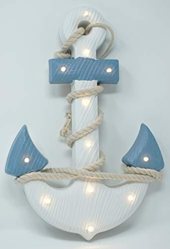 CBK-MS Holzanker blau/Weiss mit Seil Maritime Shabby Dekoration Anker mit LED Beleuchtung 12 LEDs warmweiss
