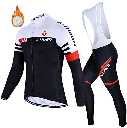 X-TIGER Herren Langarm Radtrikot Set Winter Radsportanzüge mit 5D Gel Gepolsterten Trägerhosen