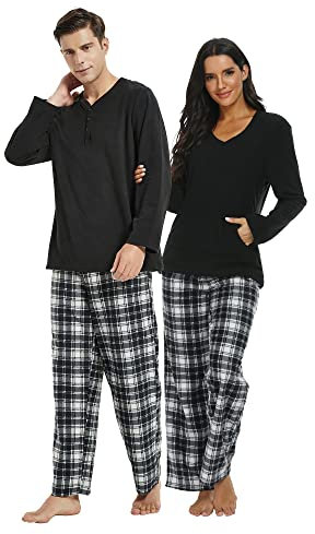 U2SKIIN Schlafanzug Damen Fleece Pyjama lang Karierte Schlafanzüge für Damen Kuschel Pyjama Set warme Nachtwäsche Loungwear (Schwarz/Weiß-Schwarz Kariert-W, M)