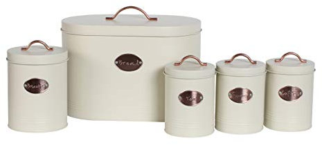 5PC Kitchen Food Storage Set Bread Bin, Biscuit Tin and Tea, Coffee & Sugar Canister Set, Vintage Classic Inspired Metal Storage Set by Crystals® (Cream)