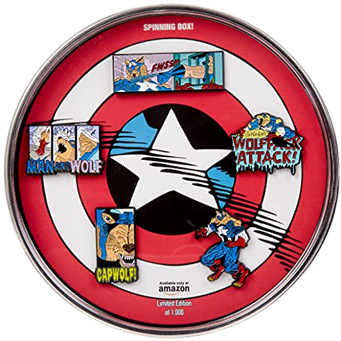 Werwolf Captain America Anstecknadel-Set, vernickelt, Metallbasis mit Emaille, 5 Stück. Wird in einer offiziell lizenzierten drehbaren 16 cm großen runden Fensterbox geliefert.