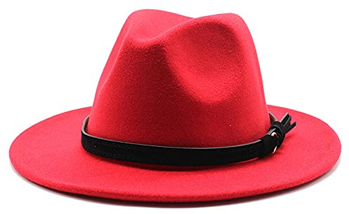 maozuzyy Fedora Trilby Damen Hut Band Band Band Filzhut Kirche Formaler Hut Breiter Krempe Retro Damen Fedora Hut-Rot_L_59-60Cm