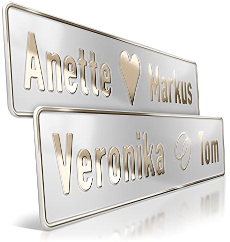 1 Hochzeit Autoschild Silber Metallic | Goldprägung Wunschtext | Herz & Ringe | Aluminium Hochzeitsschild | Hochzeitsauto Kennzeichen | just married | grod gheirat