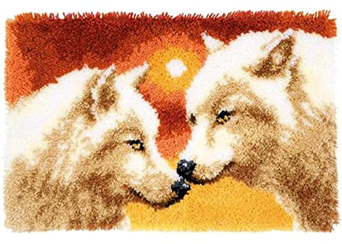 ROCKY&CHAO Knüpfteppich Zum Selber knüpfen, 50x38cm Knüpfsets Latch Hook Kit Selbst Knüpfen Set für Kinder und Erwachsene (Wolf)