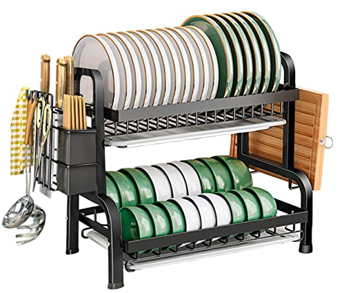 ZAPZEAL 2 Tier Dish Drainer Rack, Stainless Steel Black Dish Drying Rack with Removable Drip Tray Utensil Knife Cutting Board Holder, Rust Proof Large Metal Kitchen Plate Draining Sink with Drainboard