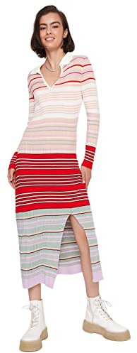 Trendyol Robe en Tricot mi-Longue Moulante à col retourné pour Femme, Poudre