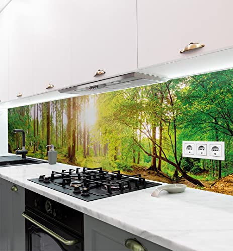 MyMaxxi Küchenrückwand Folie selbstklebend matt Versteift - einfache Montage ohne Bohren - Motiv Wald 60cm hoch - Spritzschutz Küche Klebefolie - Bäume Lichtung Tannen 400 x 60cm