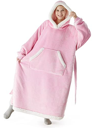 Sedefen Hoodie Sweatshirt Decke Warm Kuscheldecke mit Ärmeln Flanell Übergroße Kapuzenpullover Erwachsene Ärmeldecke Ganzkörperdecke Oversized TV Decke Tragbar Hoodie für Erwachsene,Rosa;Länge:150cm