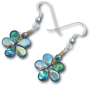 Small Funky Flower Earrings (Green/Golden Rainbow, sterling-silver)