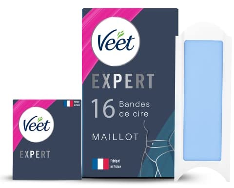 Veet EXPERT - 16 Bandes de Cire Froide Maillot - Peaux Sensibles - Finition Parfaite - Epilation Longue Durée
