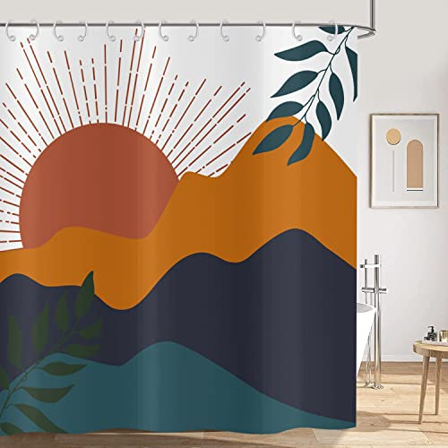 Hnmdmyi Rideau de Douche Boho 180x180, Mid Century Abstrait Montagne Coucher de Soleil avec Feuilles, Moderne Minimaliste Géométrique Esthétique Art Imperméable Tissu de Bain