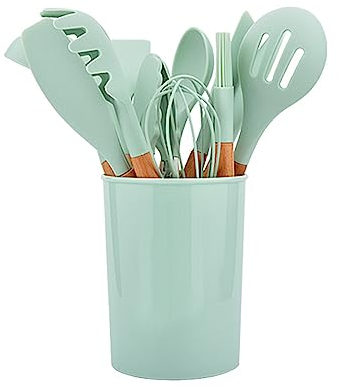 Juego de utensilios de cocina de silicona con mango de madera, 12 piezas, herramientas para hornear, sartén antiadherente con cubo de almacenamiento, juego de utensilios de cocina, verde claro