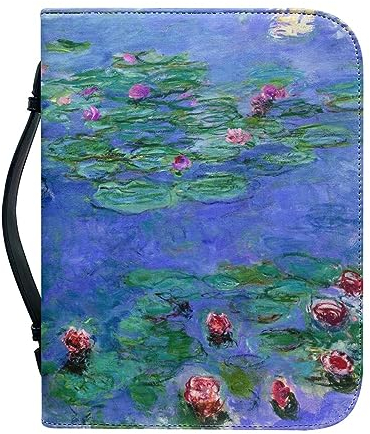Kuiaobaty Monet Art Buchhülle aus weichem Leder mit Griff, Seerosenmalerei, neuartige Buch-Tragetasche mit Innenfächern für Handy, Stift