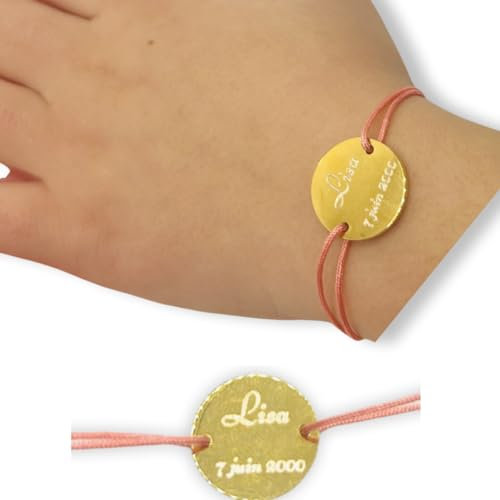 bracelet fil fin médaillon personnalisé - -gravure-pendentif or argent ou or rose- acier inoxydable -cadeau nouveau né bébé fille garçon - 33 couleurs de fil au choix - avec carton cadeau make a wish