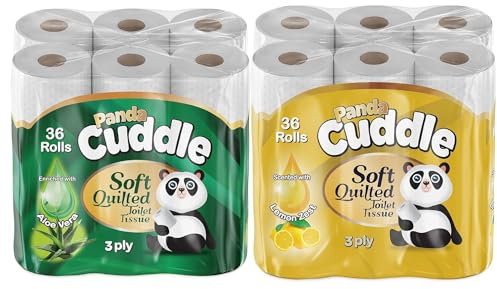 Panda Cuddle Soft Quilted Toilet Rolls, Super Quality 3 Ply Toilet Tissue Enriched with Lemon and Aloe Vera Fragrance, Provide Ultimate Quilted Comfort - 36 Rolls Lemon - 36 Rolls Aloe Vera